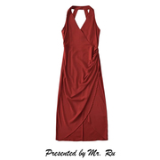 性感收腰褶皱v领法式修身连衣裙，纯欲风复古红开叉美背包身裙