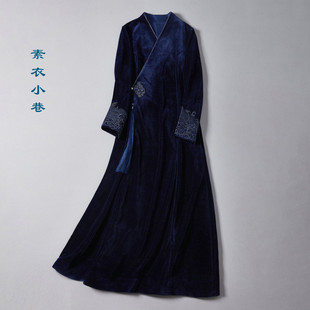 中式中国风女装秋冬藏蓝色天鹅绒禅意茶服加厚汉服外套绣花连衣裙