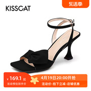 kisscat接吻猫羊皮时尚，蝴蝶结一字扣带甜美高跟，凉鞋女ka21320-80