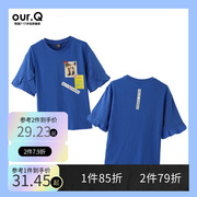 ourq青少年女童夏装蓝色短袖印花T恤学生棉质薄款印花t恤