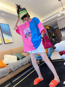 2021韩国夏季字母印花T恤女时尚个性中长款拼接撞色短袖上衣