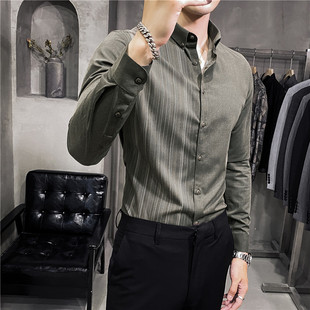 时尚印花衬衫男士条纹，休闲长袖衬衫韩版潮流，加厚加绒寸衣修身上衣