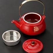 大号容量陶瓷茶壶泡茶壶单w壶，红色喜庆寿，喜生日宴请家用冷水壶
