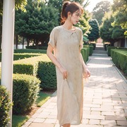 新中式女装夏季短袖提花，连衣裙女中国风，改良旗袍复古茶服长裙