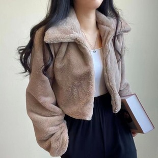 韩国chic秋冬法式减龄拉链翻领，保暖毛绒绒(毛绒绒)皮草，外套女短款开衫外套