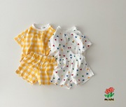 韩版婴儿夏装薄款短袖套装ins宝宝爱心格子休闲T恤短裤外穿两件套
