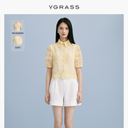 VGRASS网纱重工蕾丝黄色上衣夏季新中式上衣VSC3O24060