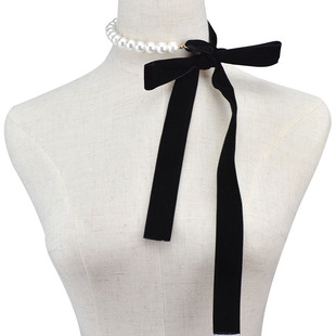 欧美夸张时尚珍珠丝带，项圈可调节长度黑色，缎带项链蝴蝶结项饰品