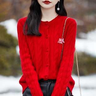 新年红圆领扭花100%纯羊绒，开衫女加厚外套，毛衣宽松羊毛针织衫上衣
