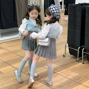 童装2024春季女童设计感花边，领衬衫+韩系针织马甲百褶裙套装