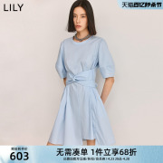 LILY2024夏女装设计感系带气质优雅纯色显瘦温柔高腰款连衣裙