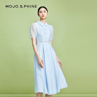 mojo彼得潘领经典捏褶连衣裙，2024年春夏优雅气质，显瘦收腰休闲长裙