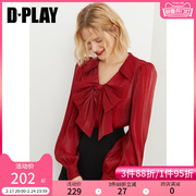 dplay春装季法式(季法式)甜美红色v领蝴蝶结，衬衫鎏光纱垂感女上衣