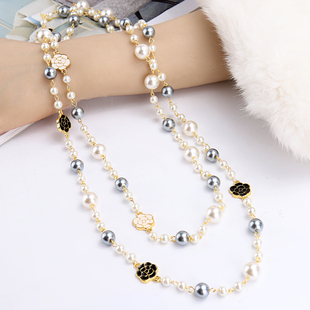 长款珍珠项链女韩版时尚，多层双面滴釉玫瑰花毛衣，链水晶装饰品挂链