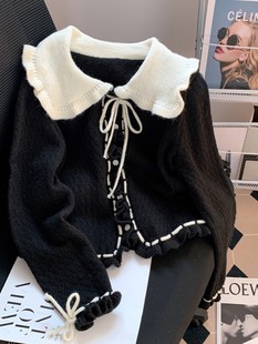 娃娃领黑色毛衣开衫，女韩版甜美可爱秋装，超好看针织外套蝴蝶结上衣