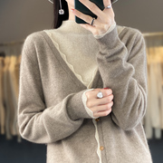 羊绒衫女半高领假两件拼色外搭毛衣宽松减龄100%纯羊毛针织打底衫