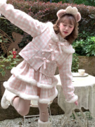 森女系原创想去海边桃子冰酪冬季粉嫩两件套可爱格子短外套套装