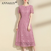 annally2024夏季粉色蕾丝连衣裙，中长款a字，短袖高级感通勤简约
