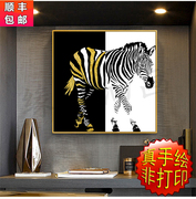 纯手绘油画欧式办公室客厅，装饰动物油画，金色黑白斑马双联抽象书房