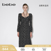 bebe秋冬系列女士时尚气质，波点印花泡泡袖长袖连衣裙350006