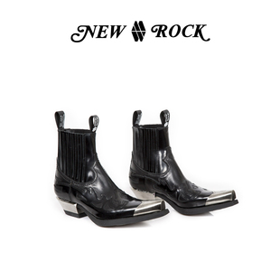 New Rock西班牙手工定制真皮复古金属头西部短靴牛仔靴