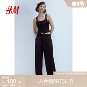 HM女装西裤夏季气质通勤舒适斜纹布高腰直筒长裤1107363