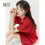 Oece复古红色连衣裙年春夏季女装法式泡泡袖气质公主裙子