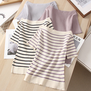 夏季日本单~纯色条纹，一字领短袖修身冰丝，针织衫t恤上衣女0.25
