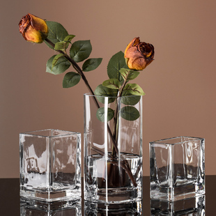 现代简约创意花瓶透明玻璃，方缸客厅办公室餐桌装饰玻璃花瓶摆设