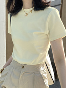 淡黄色t恤女夏正肩半高领短袖纯棉上衣夏季半袖微胖法式2023