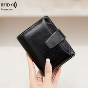 定制RFID女士钱包拉链搭扣卡包油蜡皮零钱包欧美时尚短款钱包