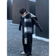 韩国冬季加厚围巾男高级感保暖百搭黑白格围脖，女气质马海毛披肩潮