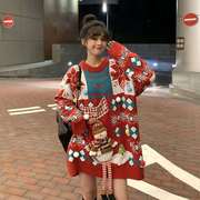 重工圣诞毛衣中长款慵懒风，红色女大码圣诞节服装，日系复古甜美外套