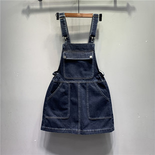 深蓝色休闲减龄大口袋背带连衣裙韩版2024年夏季高腰a字短裙