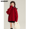 senbaby童装定制女童毛衣冬装厚实翻领，宝宝红色新年麻花针织外套
