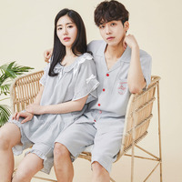 韩国品牌evenie夏季新睡衣(新睡衣)情侣男女，休闲时尚条纹棉短袖家居服套装