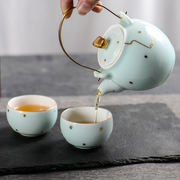 天蓝大茶壶陶瓷青白描金中式家用功夫茶具盖碗过滤主人杯单品点金