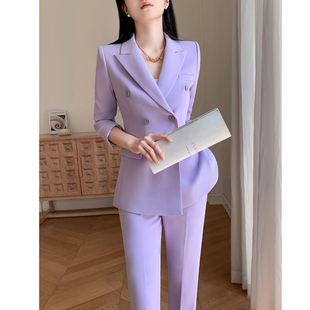 紫色休闲西装套装女2024春季夏高级感职业，正装小个子高端西服