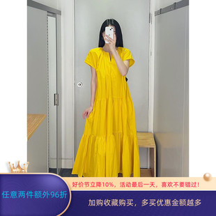 极简cos风宽松版型缩褶蛋糕，连衣裙黄色长裙休闲通勤23夏女装(夏女装)