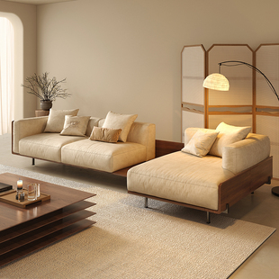 纳威北欧现代客厅沙发，设计师创意贵妃转角，科技布艺中古风胡桃木色