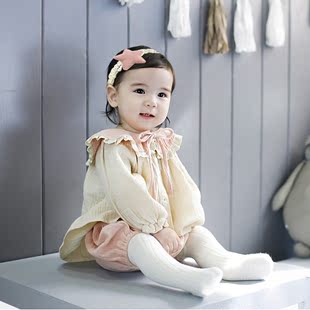 婴儿套装春秋0-2岁女宝宝纱布纯棉长袖上衣大PP裤两件套