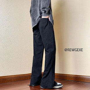 西海岸裤子男高街vibe美式复古纯黑色牛仔裤直筒修身毛边微喇长裤