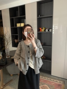 Motzu 日系亚麻短外套条纹衬衫女2024春夏设计感小众短款上衣