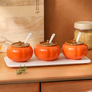可爱柿子厨房调味罐套装盐味精调料盒家用陶瓷辣椒油罐子调料组合