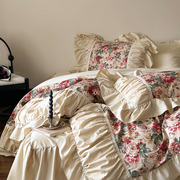 retro法式复古全棉蕾丝花边，贡缎磨毛四件套床上用品纯棉床单床裙
