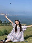 大码韩版甜美重工网纱拼接碎花，短袖连衣裙女夏季娃娃领中长裙