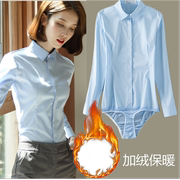 加绒白色连体衬衫女职业工作装保暖长袖连裤衬衣蓝色灰色弹力
