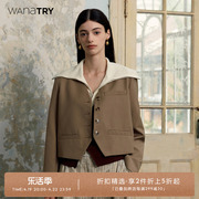 Wana try黑色无领短款排扣小西装女秋季质感女装外套时尚复古西服