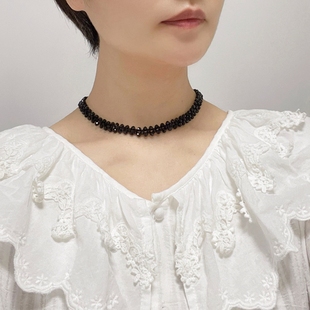 韩版手工编织宽边黑水晶遮疤痕，甲状腺女式锁骨贴脖颈项链时尚