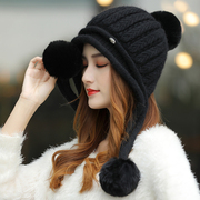 帽子女秋冬季韩版时尚，可爱保暖针织帽，冬天百搭女士加绒护耳毛线帽